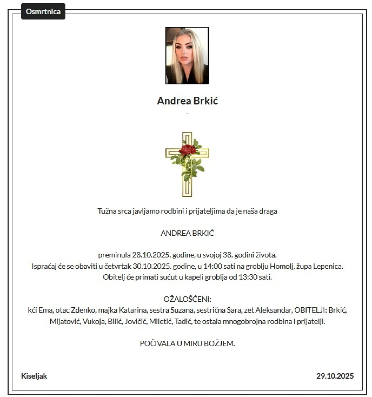 Andrea Brkić smrtovnica/