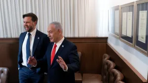 U.S. Vice President JD Vance meets with Israeli Prime Minister Benjamin Netanyahu at the Prime Minister's Office in Jerusalem October 22, 2025. Nathan Howard/Pool via REUTERS/Nathan Howard