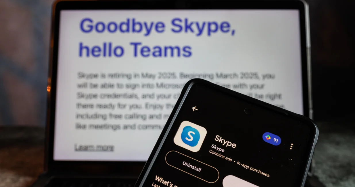 In this photo illustration, An announcement of farewell on Skype website is seen on a computer with an apps icon seen on a smartphone. Skype is closing down after 23 years on making calls over the internet. Microsoft, which acquired the messaging and calling app 14 years ago, said it will be retiring it from active duty on May 5 to double down on Teams. (Photo by May James/SOPA Images/Sipa USA) *** Strictly for editorial news purposes only *** Photo: SOPA Images/SIPA USA/Sopa Images/sipa Usa
