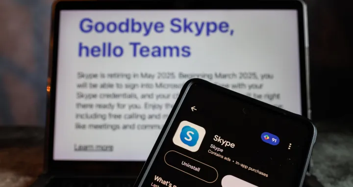 In this photo illustration, An announcement of farewell on Skype website is seen on a computer with an apps icon seen on a smartphone. Skype is closing down after 23 years on making calls over the internet. Microsoft, which acquired the messaging and calling app 14 years ago, said it will be retiring it from active duty on May 5 to double down on Teams. (Photo by May James/SOPA Images/Sipa USA) *** Strictly for editorial news purposes only *** Photo: SOPA Images/SIPA USA/Sopa Images/sipa Usa