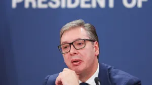 Serbia's President Aleksandar Vucic speaks during a press conference, after shots were fired outside the parliament building near a tent erected by supporters of Vucic, in Belgrade, Serbia, October 22, 2025. REUTERS/Zorana Jevtic/Zorana Jevtic