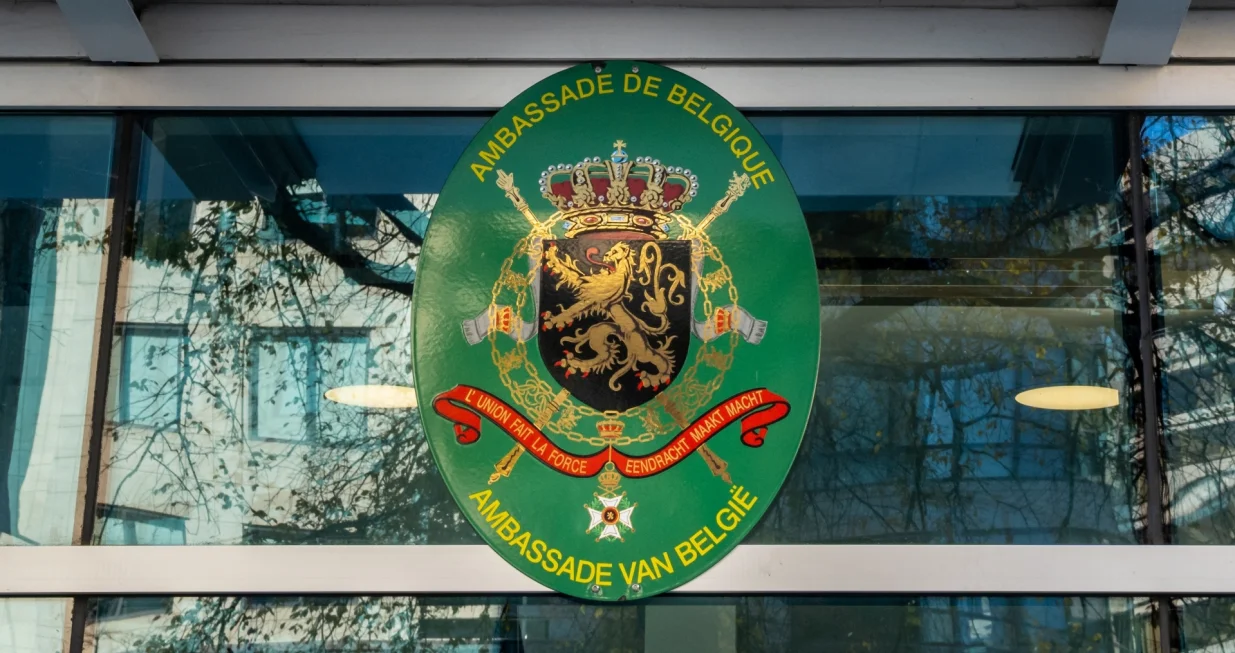 Washington D.C. - Nov. 23, 2021 Belgian Embassy sign; Shutterstock ID 2107439204; purchase_order-; job-; client-; other-/Rosemarie Mosteller