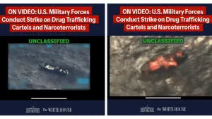 FILE PHOTO: A combination image shows two screen captures from a video posted on the X account of The White House on September 15, 2025, depicting what U.S. President Donald Trump said was a U.S. military strike on a Venezuelan drug cartel vessel that had been on its way to the United States, the second such strike carried out against a suspected drug boat in recent weeks. The White House/Handout via REUTERS. THIS IMAGE HAS BEEN SUPPLIED BY A THIRD PARTY. IMAGE BLURRED AT SOURCE Verification lines: Reuters checked the footage through our AI detection tool and found no evidence of manipulation. however, the footage is partly blurred, making it impossible to confirm if the video is manipulated. Thorough verification is an ongoing process, and Reuters will continue to review the footage as more information becomes available./File Photo/The White House