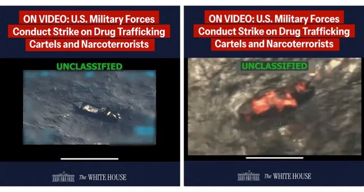 FILE PHOTO: A combination image shows two screen captures from a video posted on the X account of The White House on September 15, 2025, depicting what U.S. President Donald Trump said was a U.S. military strike on a Venezuelan drug cartel vessel that had been on its way to the United States, the second such strike carried out against a suspected drug boat in recent weeks. The White House/Handout via REUTERS. THIS IMAGE HAS BEEN SUPPLIED BY A THIRD PARTY. IMAGE BLURRED AT SOURCE Verification lines: Reuters checked the footage through our AI detection tool and found no evidence of manipulation. however, the footage is partly blurred, making it impossible to confirm if the video is manipulated. Thorough verification is an ongoing process, and Reuters will continue to review the footage as more information becomes available./File Photo/The White House