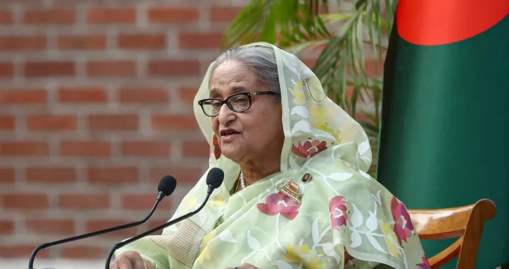 FILE PHOTO: Sheikh Hasina, the newly elected Prime Minister of Bangladesh and Chairperson of Bangladesh Awami League, speaks during a meeting with foreign observers and journalists at the Prime Minister's residence in Dhaka, Bangladesh, January 8, 2024. REUTERS/Mohammad Ponir Hossain/File Photo/Mohammad Ponir Hossain