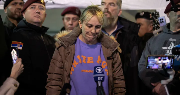 Dijana Hrka, mother of one of the victims of the fatal November 2024 railway station canopy collapse, speaks to media as she ends her hunger strike in front of the parliament building in Belgrade, Serbia, November 17, 2025. REUTERS/Marko Djurica/Marko Djurica