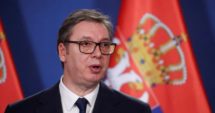 FILE PHOTO: Serbian President Aleksandar Vucic gives a statement next to Hungarian Prime Minister Viktor Orban (not pictured) after the countries' bilateral committee for strategic cooperation meeting in Budapest, Hungary, November 14, 2024. REUTERS/Bernadett Szabo/File Photo/Bernadett Szabo