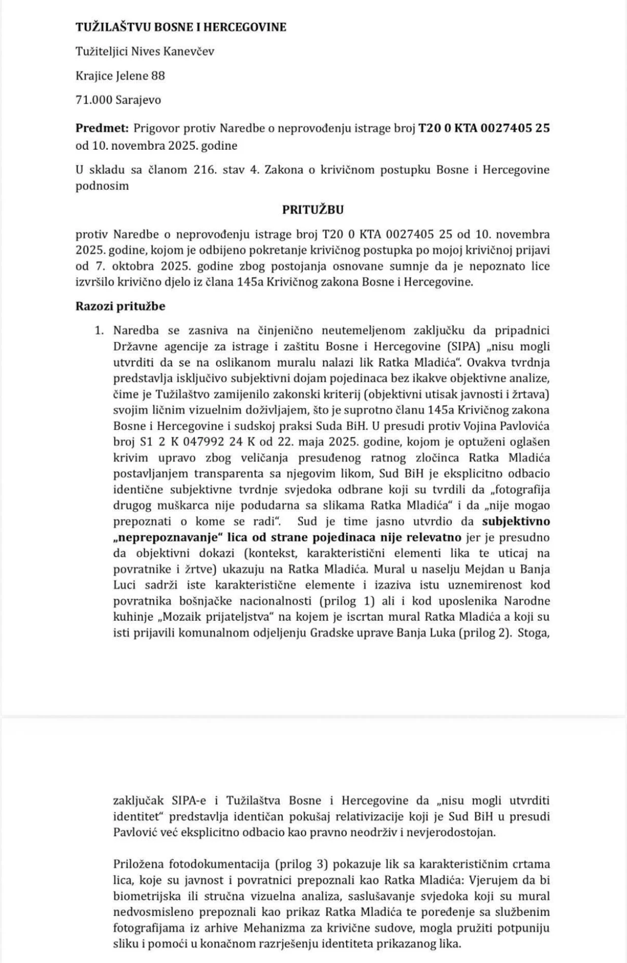 Pritužba Ćamila Durakovića/Printscreen/