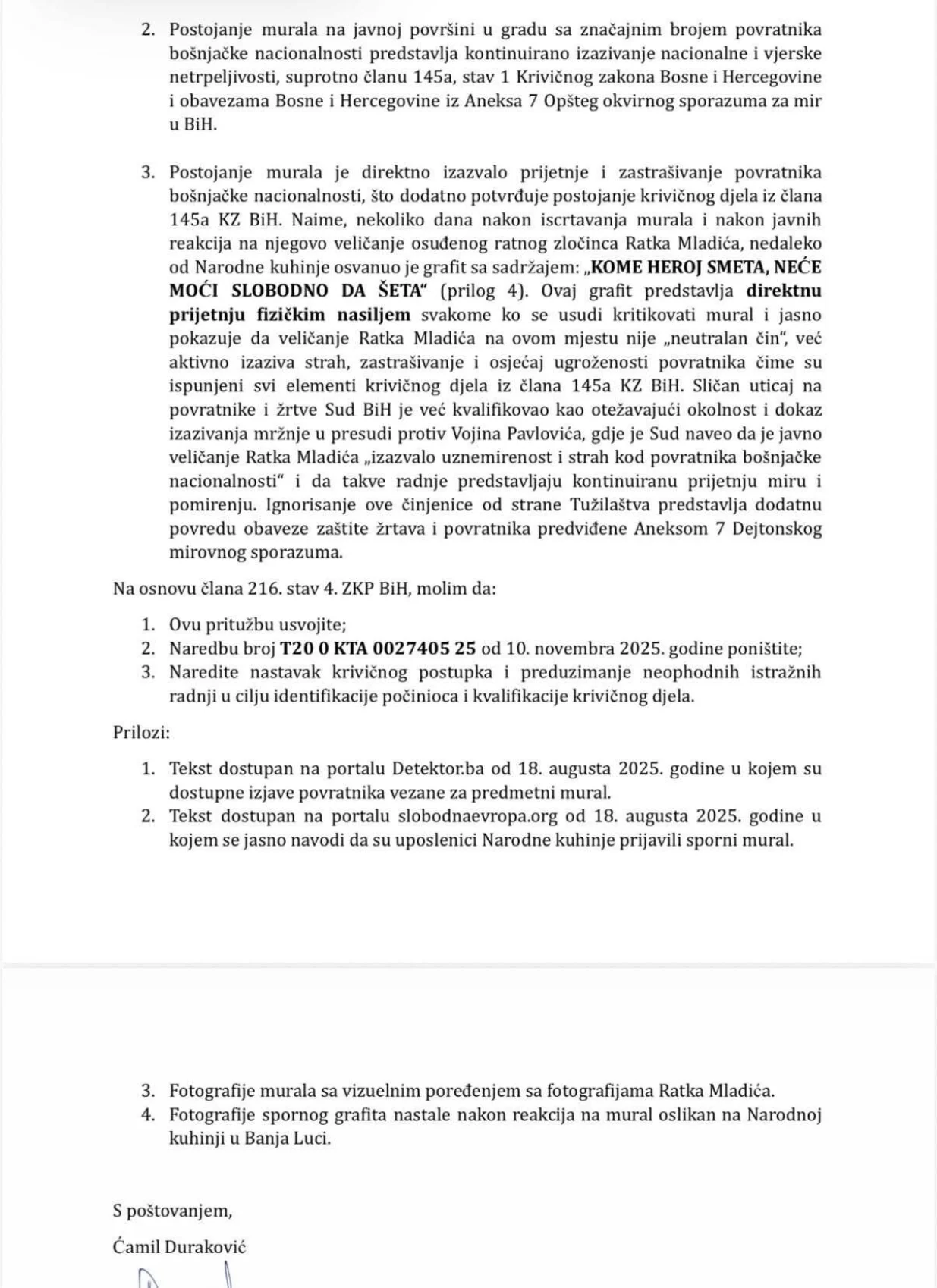 Pritužba Ćamila Durakovića/Printscreen/