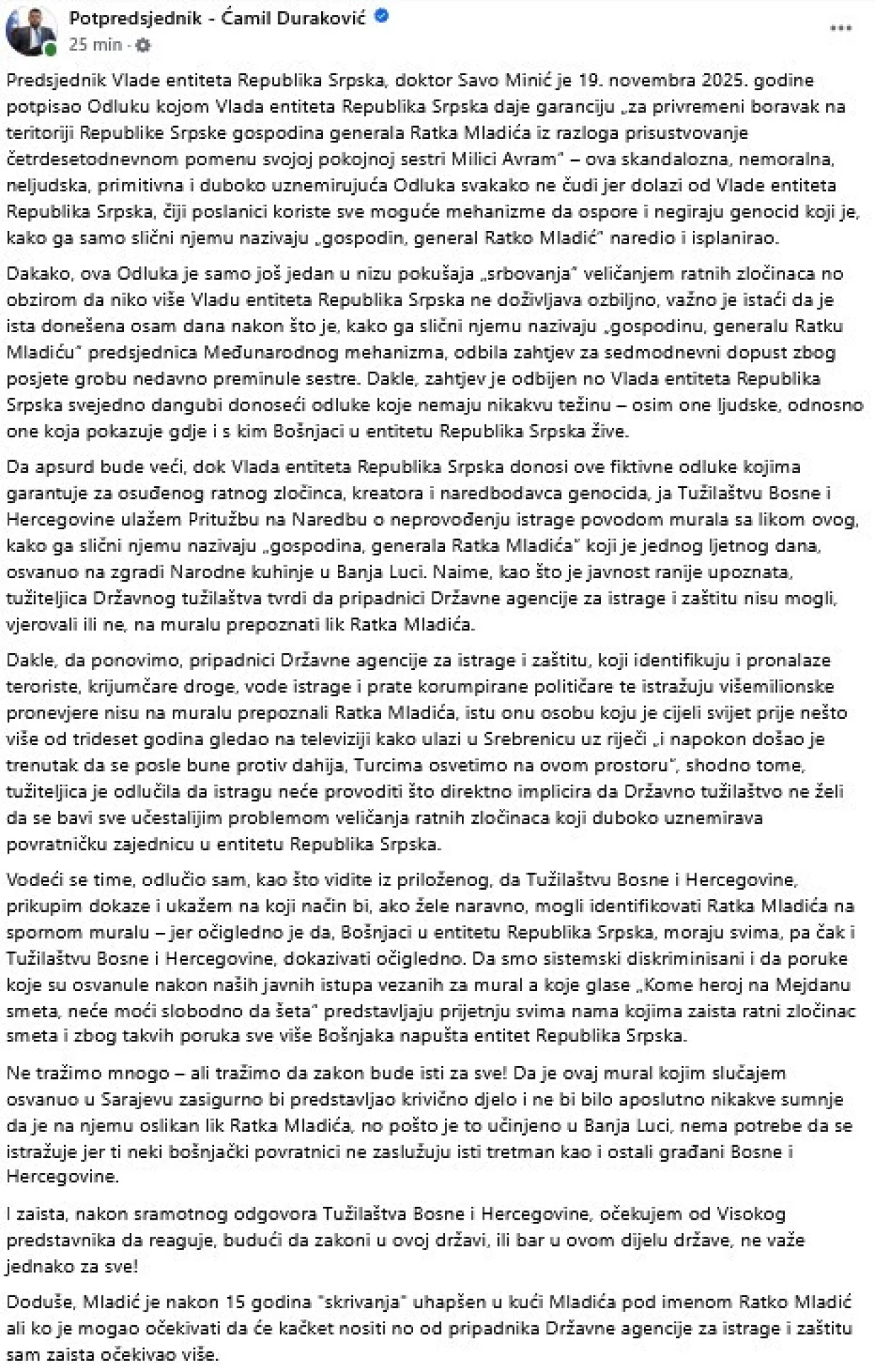 Objava Ćamila Durakovića/