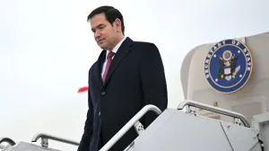 U.S. Secretary of State Marco Rubio steps off his plane upon arrival at the John C. Munro Hamilton International Airport in Hamilton, Ontario, November 11, 2025. Mandel Ngan/Pool via REUTERS/Mandel Ngan