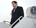 U.S. Secretary of State Marco Rubio steps off his plane upon arrival at the John C. Munro Hamilton International Airport in Hamilton, Ontario, November 11, 2025. Mandel Ngan/Pool via REUTERS/Mandel Ngan