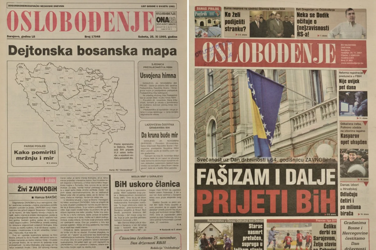 Naslovnica Oslobođenja o 25. novembru, Danu državnosti BiH (1995. i 2007.)/Arhiva Oslobođenja