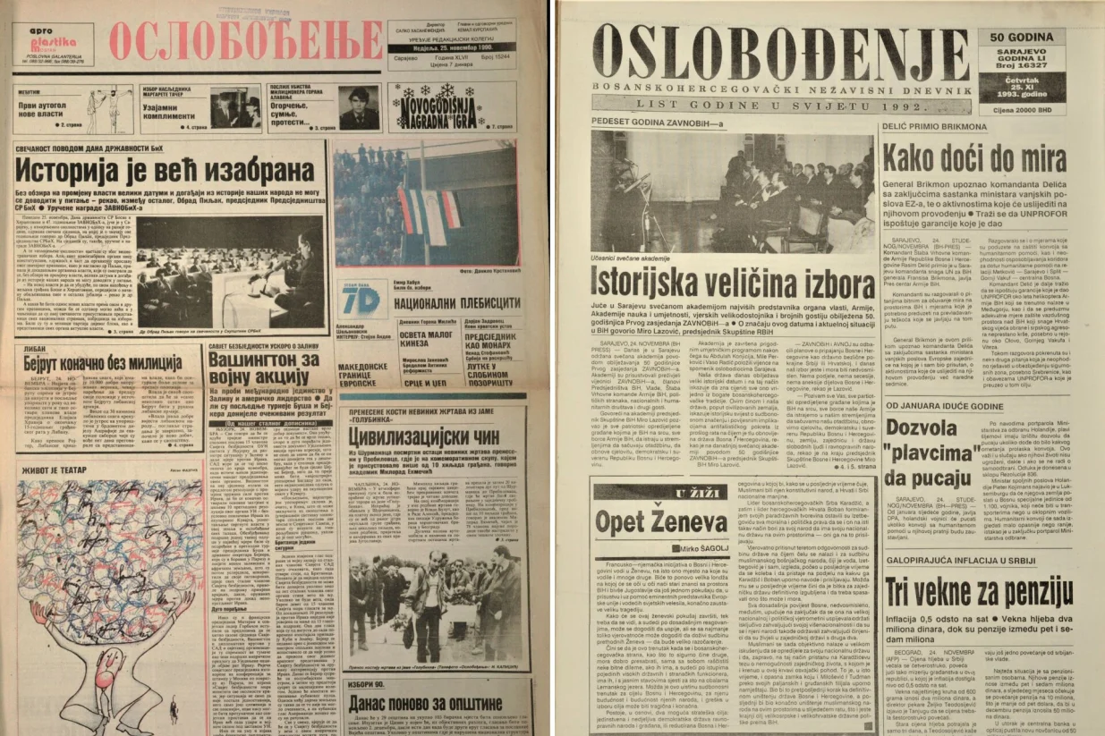 Naslovnica Oslobođenja o 25. novembru, Danu državnosti BiH (1990. i 1993.)/Arhiva Oslobođenja