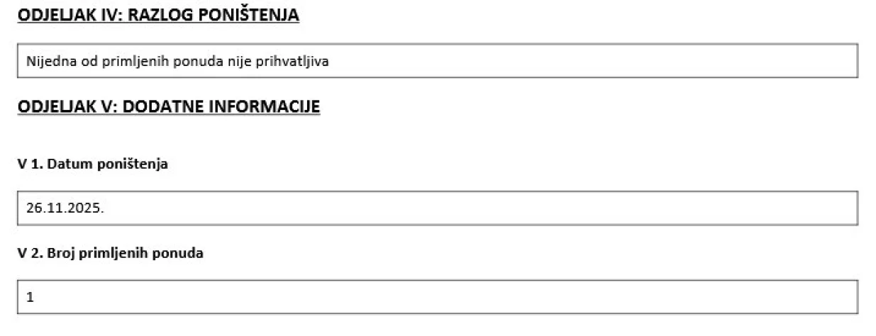 Obavijest o poništenju tendera/