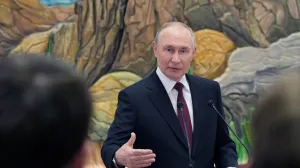 Russian President Vladimir Putin speaks during a press conference following the Collective Security Treaty Organization (CSTO) summit in Bishkek, Kyrgyzstan, November 27, 2025. Sputnik/Alexey Nikolskyi/Pool via REUTERS ATTENTION EDITORS - THIS IMAGE WAS PROVIDED BY A THIRD PARTY./Alexey Nikolskyi