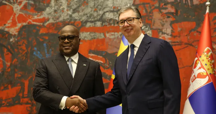 BEOGRAD, SRBIJA - 28. novembar 2025: Predsjednik Srbije Aleksandar Vučić sastao se sa predsjednikom Demokratske Republike Kongo Félixom Antoinem Tshisekedi Chilombom u Beogradu. (Filip Stevanovic - Anadolu Agency)/