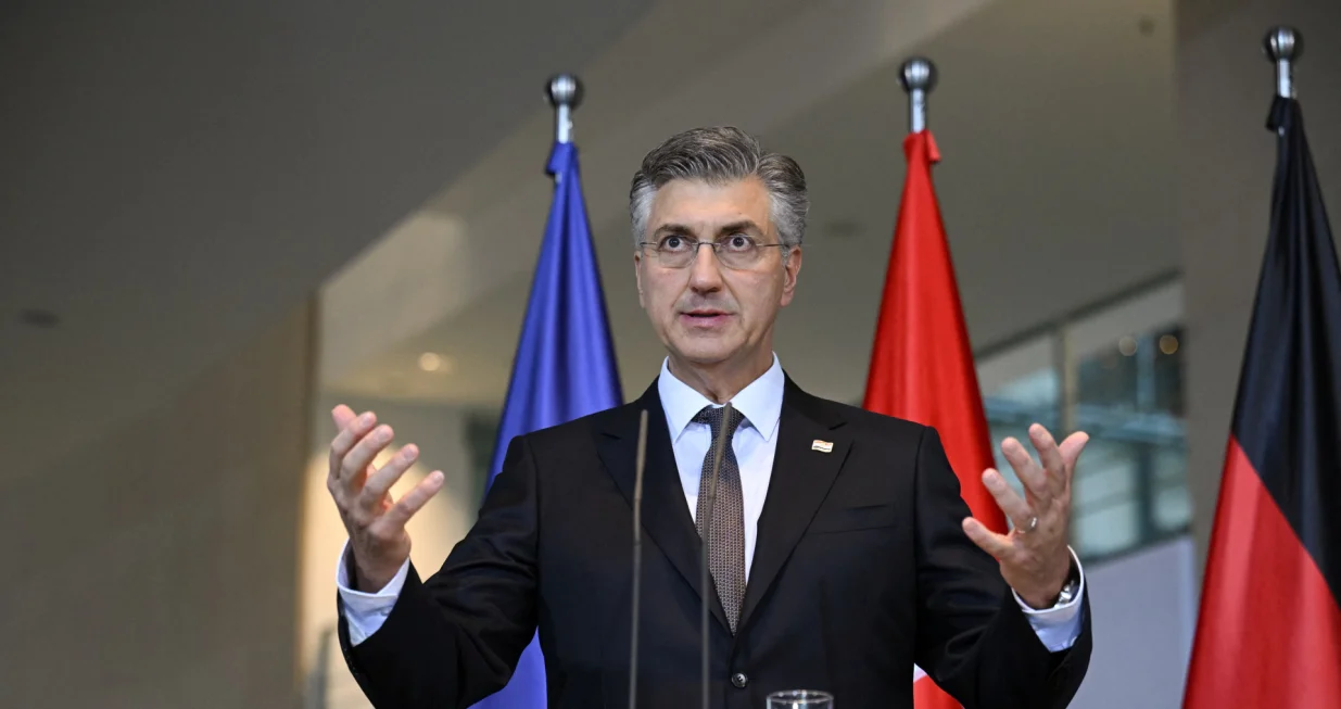 Croatian Prime Minister Andrej Plenkovic speaks during a press conference with German Chancellor Friedrich Merz at the Chancellery in Berlin, Germany December 10, 2025. REUTERS/Annegret Hilse/Annegret Hilse