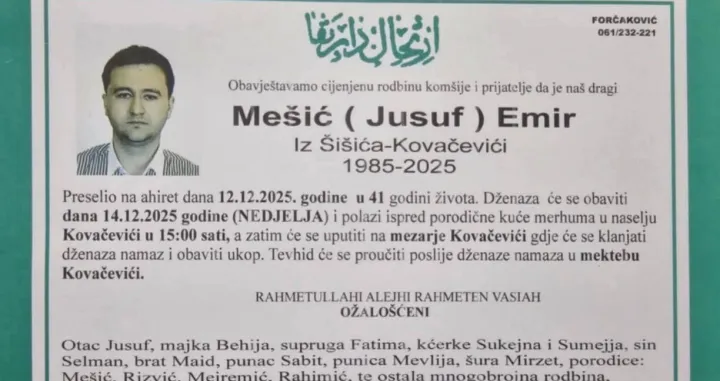 Dženaza Emiru Mešiću će biti 14. decembra/