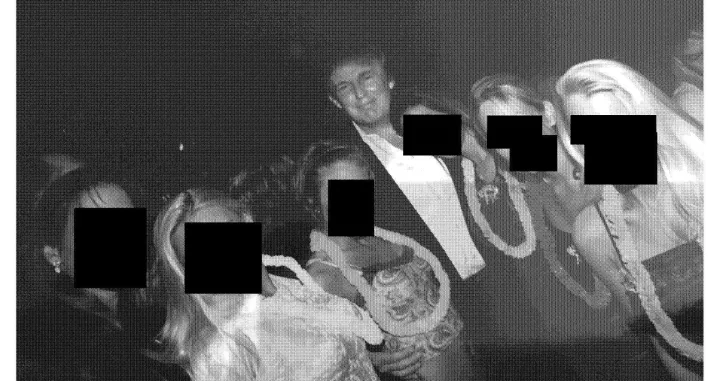 U.S. President Donald Trump poses with unidentified women in this handout image from the estate of the late financier and convicted sex offender Jeffrey Epstein, released by Democrats on the House Oversight Committee in Washington, D.C., U.S., on December 12, 2025. House Oversight Committee Democrats/Handout via REUTERS THIS IMAGE HAS BEEN SUPPLIED BY A THIRD PARTY. REDACTED AREAS FROM SOURCE./House oversight committee dem