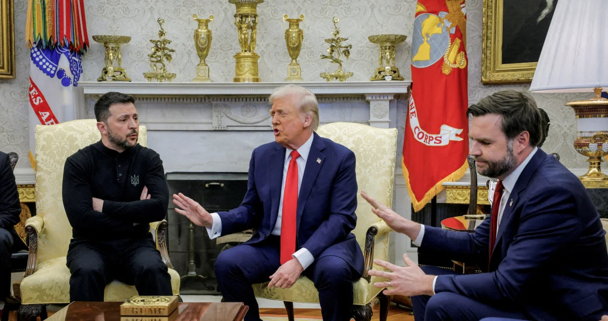 U.S. President Donald Trump meets with Ukrainian President Volodymyr Zelenskiy as U.S. Vice President JD Vance reacts at the White House in Washington, D.C., U.S., February 28, 2025. REUTERS/Brian Snyder  TPX IMAGES OF THE DAY   SEARCH "REUTERS BEST 2025" FOR THIS STORY. SEARCH "REUTERS 2025 YEAR-END" FOR ALL 2025 YEAR END GALLERIES./Brian Snyder