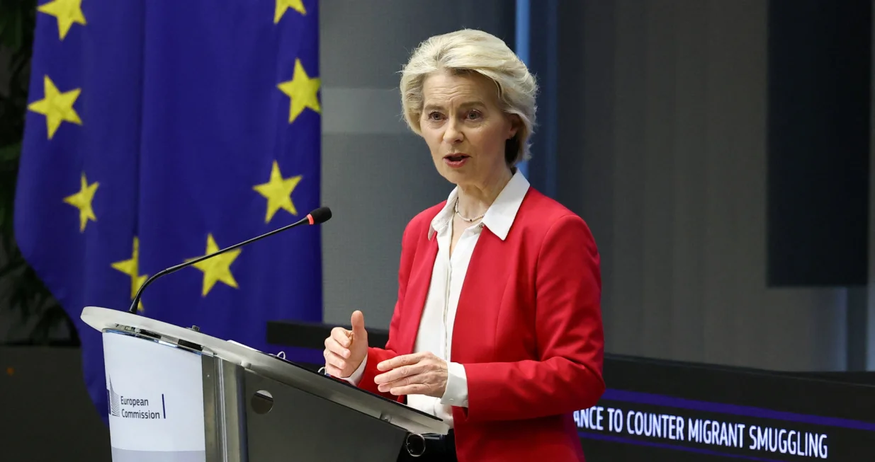 European Commission President Ursula von der Leyen delivers the keynote speech at the second Conference of the Global Alliance to Counter Migrant Smuggling, in Brussels, Belgium December 10, 2025. REUTERS/Yves Herman/Yves Herman