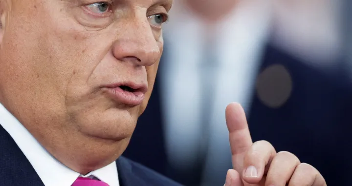 FILE PHOTO: Hungarian Prime Minister Viktor Orban gestures as he speaks to members of the media at the European Political Community summit in Copenhagen, Denmark, October 2, 2025. REUTERS/Leonhard Foeger/File Photo/Leonhard Foeger