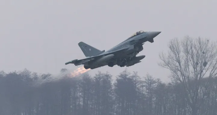 FILE PHOTO: German Air Force Eurofighter Typhoon fighter jet takes off during a training scramble at the 22nd Tactical Air Base in Malbork, Poland, December 10, 2025. REUTERS/Lukasz Glowala/File Photo/Lukasz Glowala