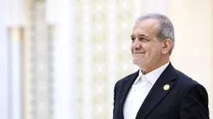 Iranian President Masoud Pezeshkian arrives to attend a plenary session of the International Forum dedicated to the International Year of Peace and Trust, the International Day of Neutrality, and the 30th anniversary of Turkmenistan's neutrality status, at the Congress Centre in Ashgabat, Turkmenistan December 12, 2025. Sputnik/Alexander Kazakov/Pool via REUTERS ATTENTION EDITORS - THIS IMAGE WAS PROVIDED BY A THIRD PARTY./Alexander Kazakov