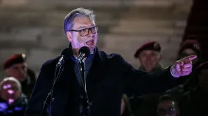 BEOGRAD, SRBIJA - 28. DECEMBAR 2025: Predsjednik Srbije Aleksandar VuДЌiД‡ obratio se u nedjelju okupljenim graД'anima ispred Doma Narodne skupЕЎtine Srbije u Beogradu. (Filip Stevanovic - Anadolu Agency)/