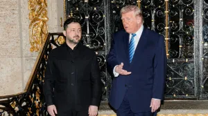 U.S. President Donald Trump speaks next to Ukrainian President Volodymyr Zelenskiy upon his arrival for meetings at Trump's Mar-a-Lago club in Palm Beach, Florida, U.S., December 28, 2025. REUTERS/Jonathan Ernst/Jonathan Ernst