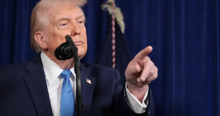 U.S. President Donald Trump points during a press conference following a U.S. strike on Venezuela where President Nicolas Maduro and his wife, Cilia Flores, were captured, from Trump's Mar-a-Lago club in Palm Beach, Florida, U.S., January 3, 2026. REUTERS/Jonathan Ernst/Jonathan Ernst