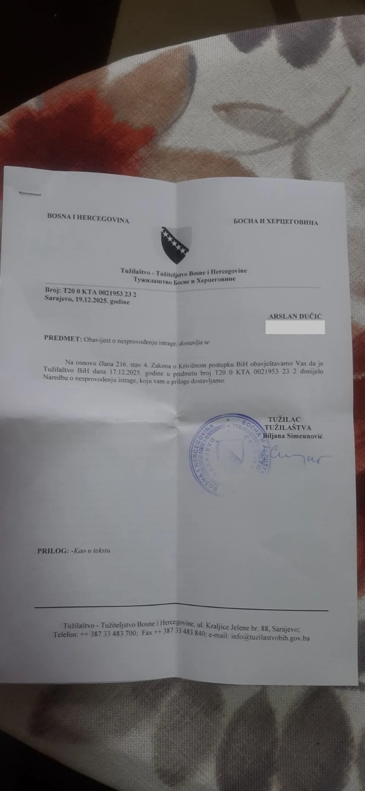 Rje&scaron;enje Tužila&scaron;tva BiH o obustavljanju istrage/