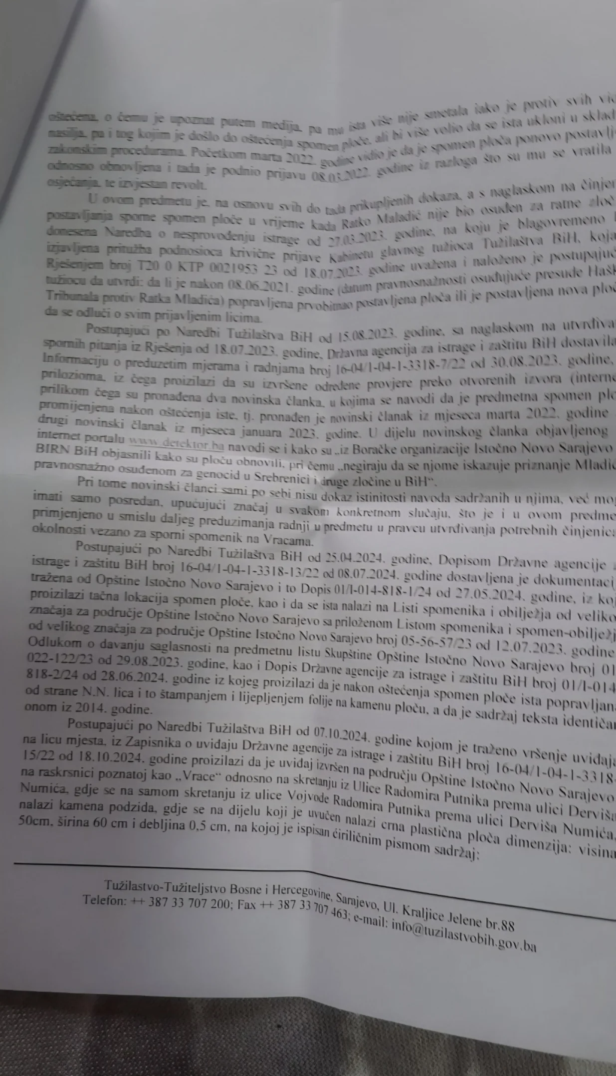 Rje&scaron;enje Tužila&scaron;tva BiH o obustavljanju istrage/
