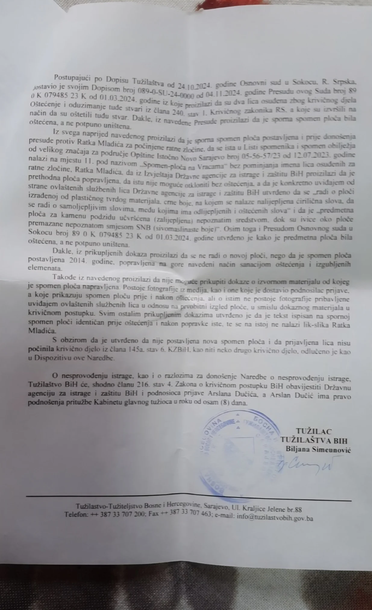 Rje&scaron;enje Tužila&scaron;tva BiH o obustavljanju istrage/