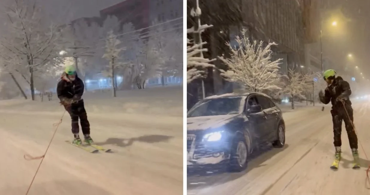 Mladić skija glavnom cestom u Sarajevu/Benjamin Godinjak