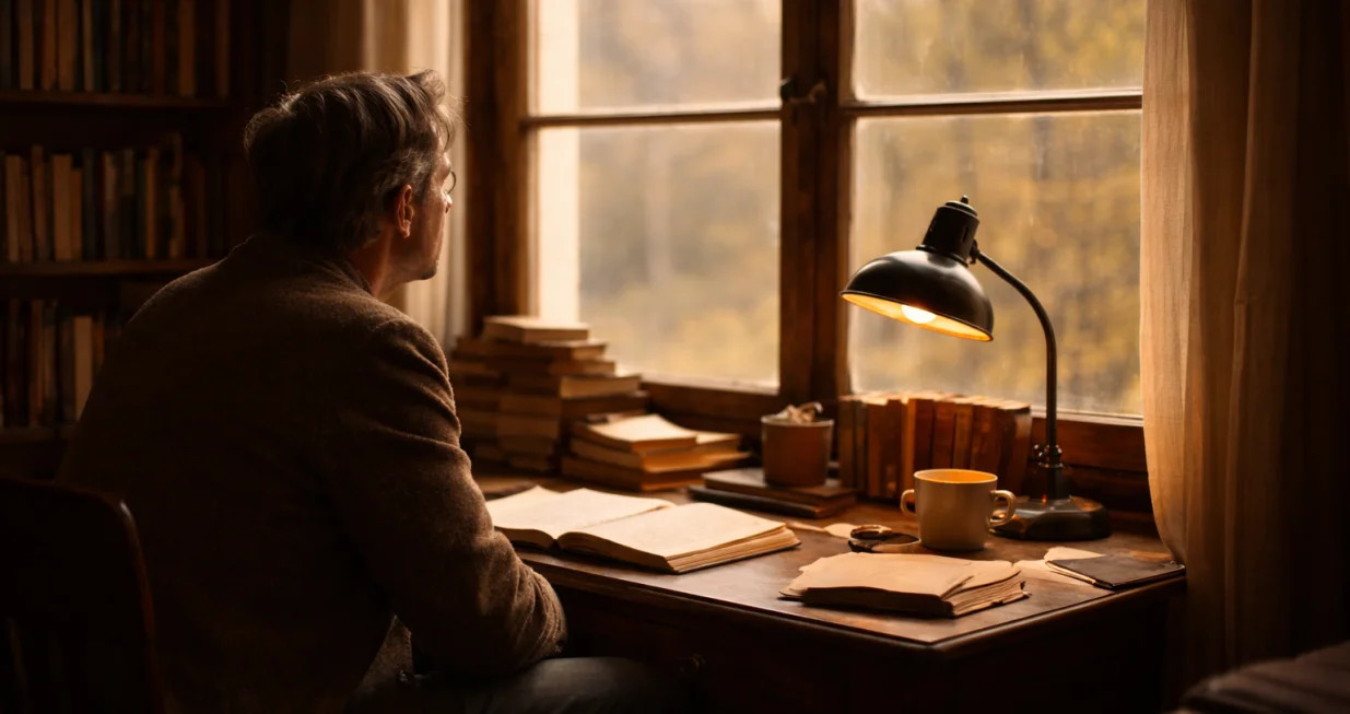 pisac, književnik, gledanje, prozor, sjeta, melanholija, književnost, čitanje/Chatgpt
