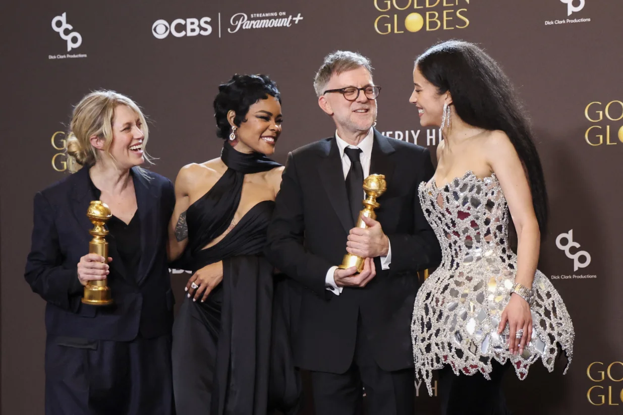 Sara Murphy, Teyana Taylor, Paul Thomas Anderson and Chase Infiniti pose with the Best Motion Picture - Musical or Comedy award for "One Battle After Another" at the 83rd Annual Golden Globes in Beverly Hills, California, U.S., January 11, 2026. REUTERS/Mario Anzuoni/Mario Anzuoni