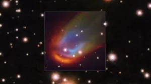 Nijedan poznati mehanizam ne objašnjava udarni udar luka oko bijelog patuljka RXJ0528+2838. (ESO/K. Ilkiewicz i S. Scaringi et al. Pozadina: PanSTARRS)/