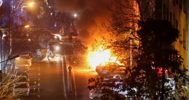 Cars burn in a street during a protest over the collapse of the currency's value, in Tehran, Iran, January 8, 2026. Stringer/WANA (West Asia News Agency) via REUTERS ATTENTION EDITORS - THIS PICTURE WAS PROVIDED BY A THIRD PARTY  TPX IMAGES OF THE DAY/Stringer