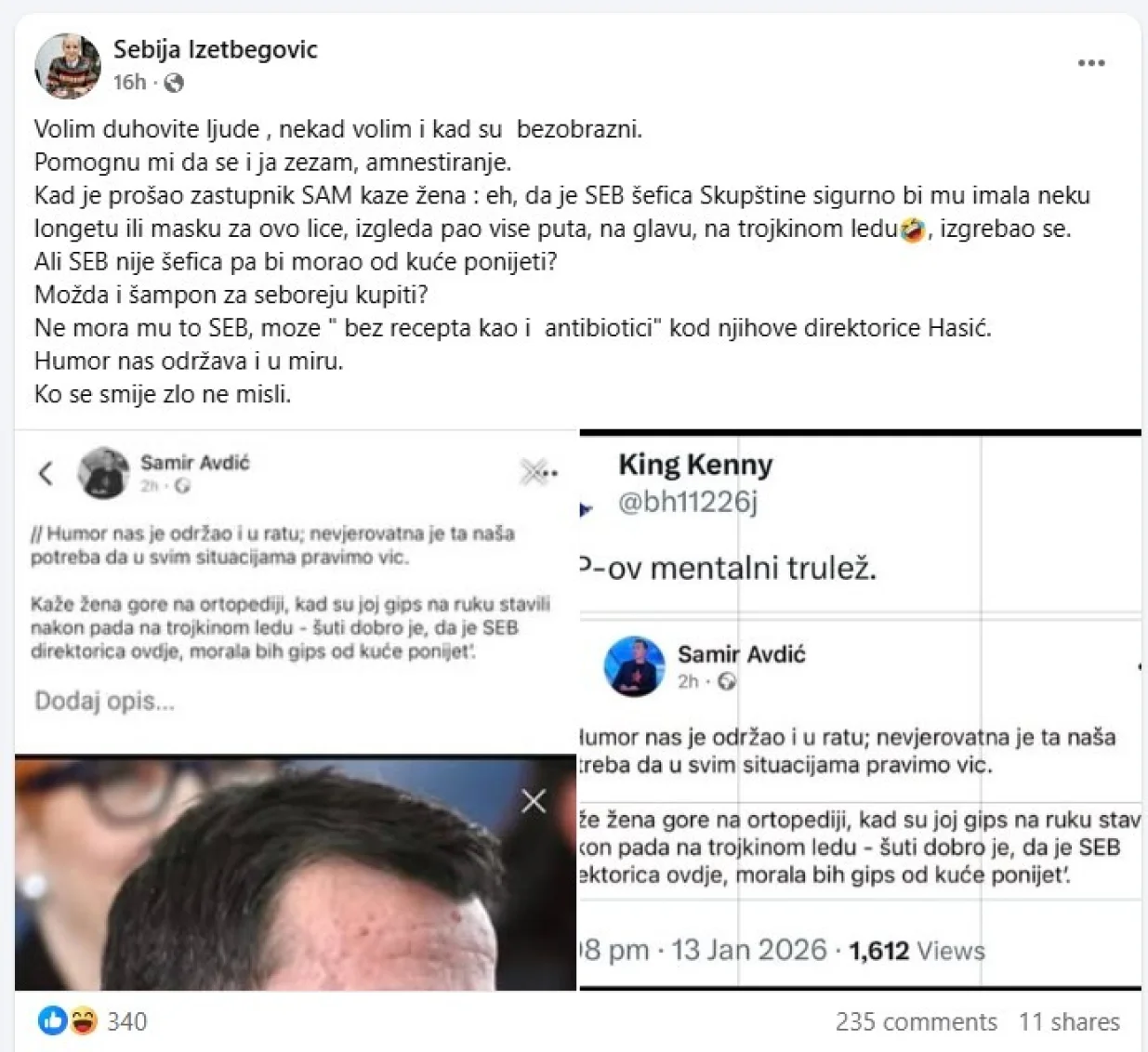Sebija Izetbegović na Facebooku ismijavala Samira Avdića//