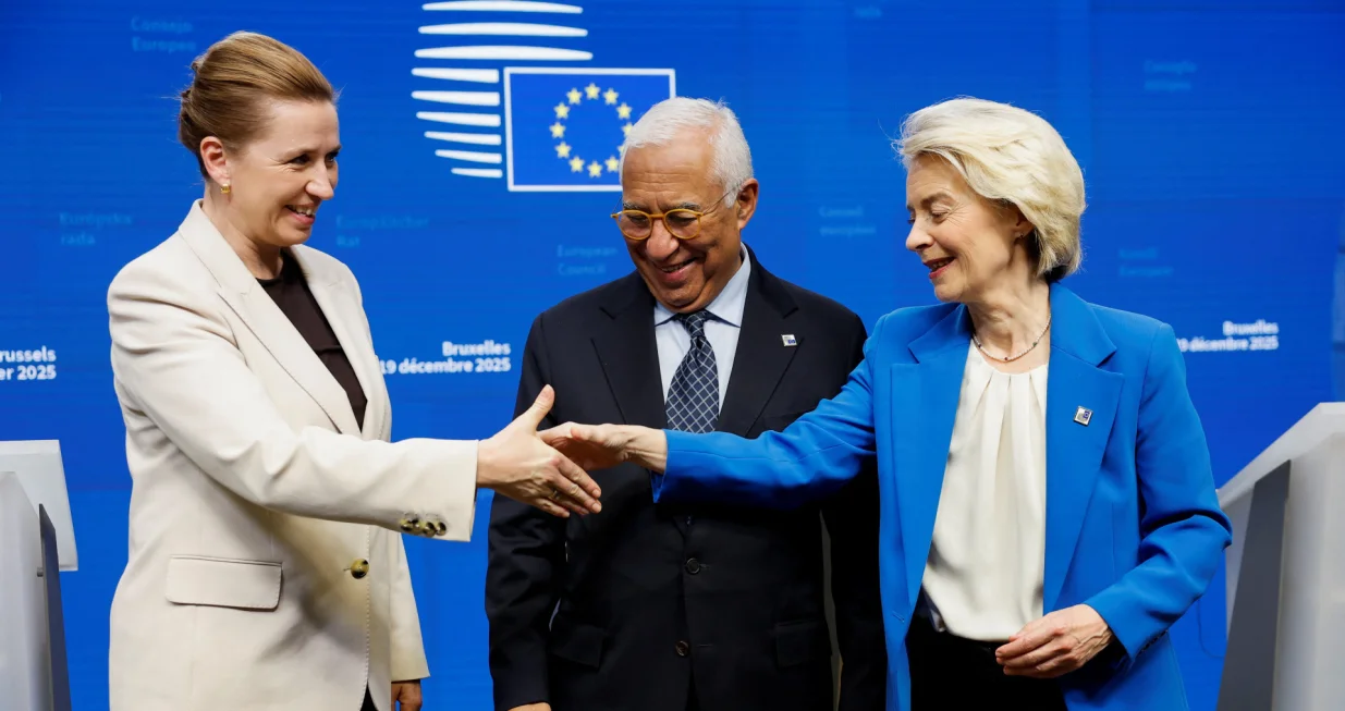 Denmark's Prime Minister Mette Frederiksen, European Council President Antonio Costa and European Commission President Ursula von der Leyen hold a press conference during a European Union leaders' summit, in Brussels, Belgium December 19, 2025. REUTERS/Stephanie Lecocq/Stephanie Lecocq