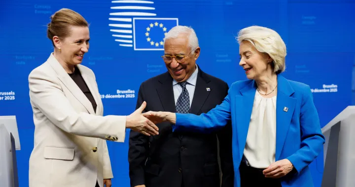 Denmark's Prime Minister Mette Frederiksen, European Council President Antonio Costa and European Commission President Ursula von der Leyen hold a press conference during a European Union leaders' summit, in Brussels, Belgium December 19, 2025. REUTERS/Stephanie Lecocq/Stephanie Lecocq