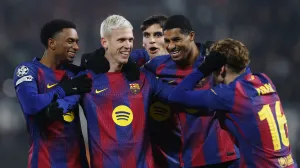 Soccer Football - UEFA Champions League - Slavia Prague v FC Barcelona - Fortuna Arena, Prague, Czech Republic - January 21, 2026 FC Barcelona's Dani Olmo celebrates scoring their third goal with teammates REUTERS/David W Cerny/Foto: David W Cerny