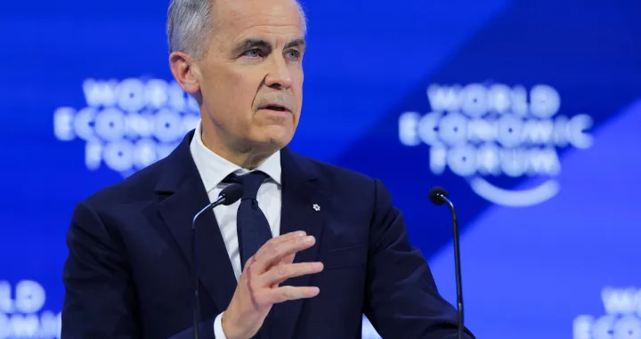 FILE PHOTO: Canada's Prime Minister Mark Carney speaks during the 56th annual World Economic Forum (WEF) meeting in Davos, Switzerland, January 20, 2026. REUTERS/Denis Balibouse/File Photo/Denis Balibouse