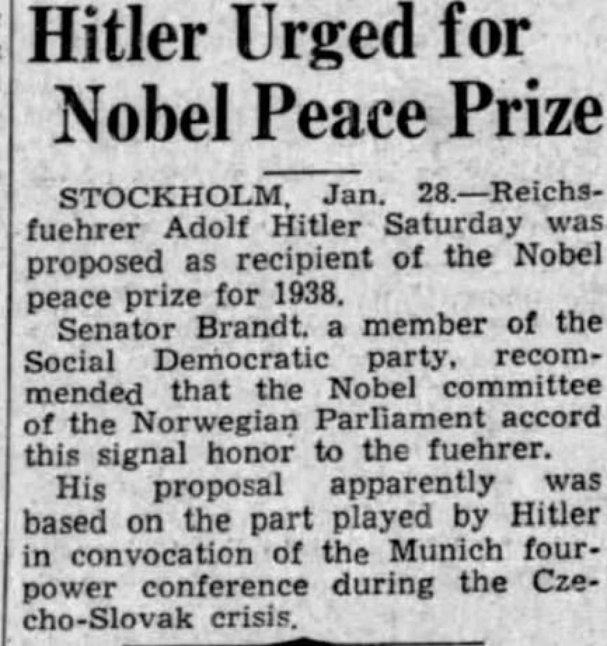 Prijedlog za Nobelovu nagradu za mir Hitleru/