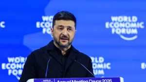 Ukrainian President Volodymyr Zelenskiy speaks at the 56th annual World Economic Forum (WEF) meeting in Davos, Switzerland, January 22, 2026. REUTERS/Denis Balibouse/Denis Balibouse