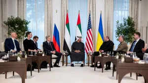 President of the United Arab Emirates Sheikh Mohamed bin Zayed Al Nahyan receives the heads of delegations participating in the UAE hosted trilateral talks between the United States, Russia and Ukraine, Director of the Office of the President of Ukraine Kirill Budanov, United States Special Envoy Steve Witkoff, Secretary of the National Security and Defense Council of Ukraine Rustem Umerov, Chief of the Main Directorate of the General Staff of the Russian Armed Forces Igor Kostyukov, and Jared Kushner at Al Shati Palace in Abu Dhabi, United Arab Emirates, January 23, 2026. Hamad Al Kaabi/UAE Presidential Court/Handout via REUTERS THIS IMAGE HAS BEEN SUPPLIED BY A THIRD PARTY  TPX IMAGES OF THE DAY/Hamad Al Kaabi/uae Presidential