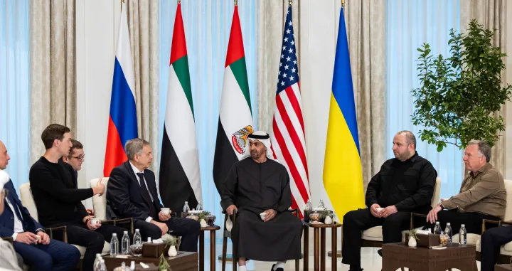 President of the United Arab Emirates Sheikh Mohamed bin Zayed Al Nahyan receives the heads of delegations participating in the UAE hosted trilateral talks between the United States, Russia and Ukraine, Jared Kushner, Igor Kostyukov, Chief of the Main Directorate of the General Staff of the Russian Armed Forces, Rustem Umerov, Secretary of the National Security and Defense Council of Ukraine, and Steve Witkoff, United States Special Envoy, at Al Shati Palace in Abu Dhabi, United Arab Emirates, January 23, 2026. Ryan Carter/UAE Presidential Court/Handout via REUTERS THIS IMAGE HAS BEEN SUPPLIED BY A THIRD PARTY/Ryan Carter/uae Presidential Cou