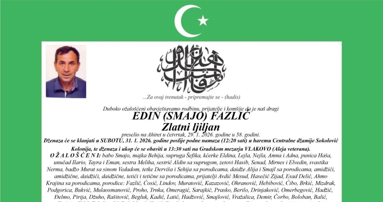 Edin Fazlić, zlatni ljiljan, smrtovnica/